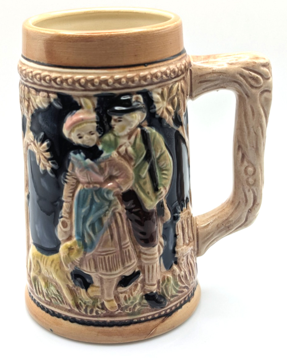 Vintage German Style Beer Stein Mug Japan Hand Painted Relief Tavern Scene 6in